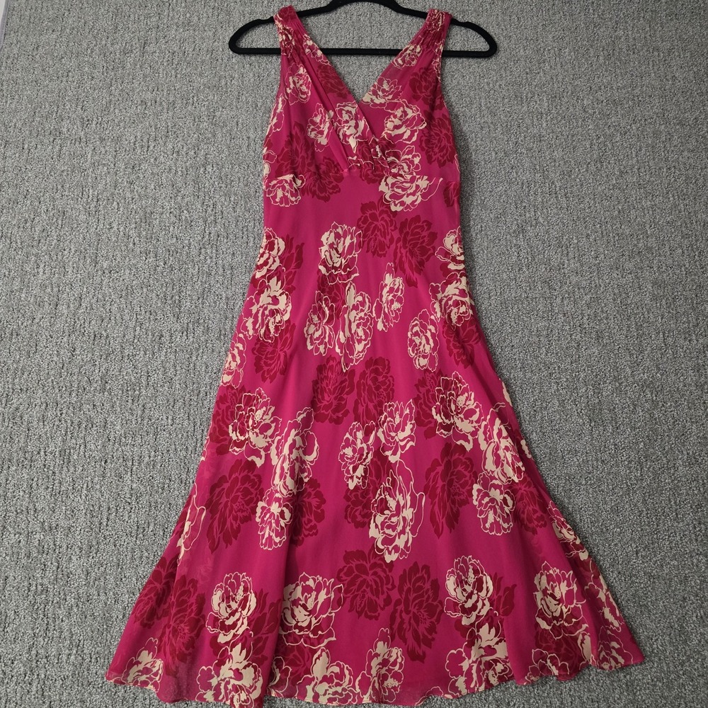 Vintage Ann Taylor Pink 100% Silk Floral Dress V-Neck Slip Y2K 90s Size 6